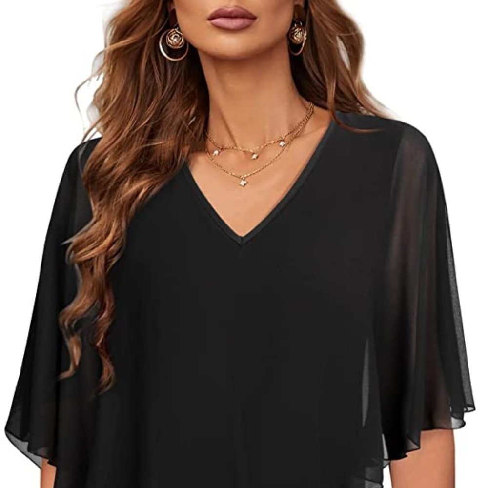 Bodhi Talk Women's V-Neck Capelet Sleeve Chiffon Overlay Bodycon Knee Length Pen